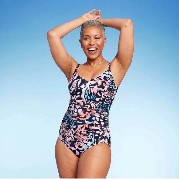 Aqua Green Tropical Ruched Princess Seamed One Piece‎ Bathing Suit size Medium - Picture 1 of 11